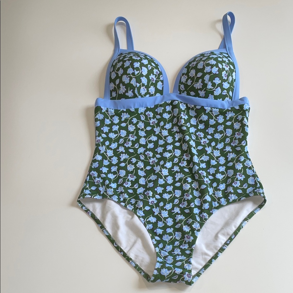 Boden Retro-style Green Floral One-Piece Swimsuit w /Light Blue Trim Adjustable